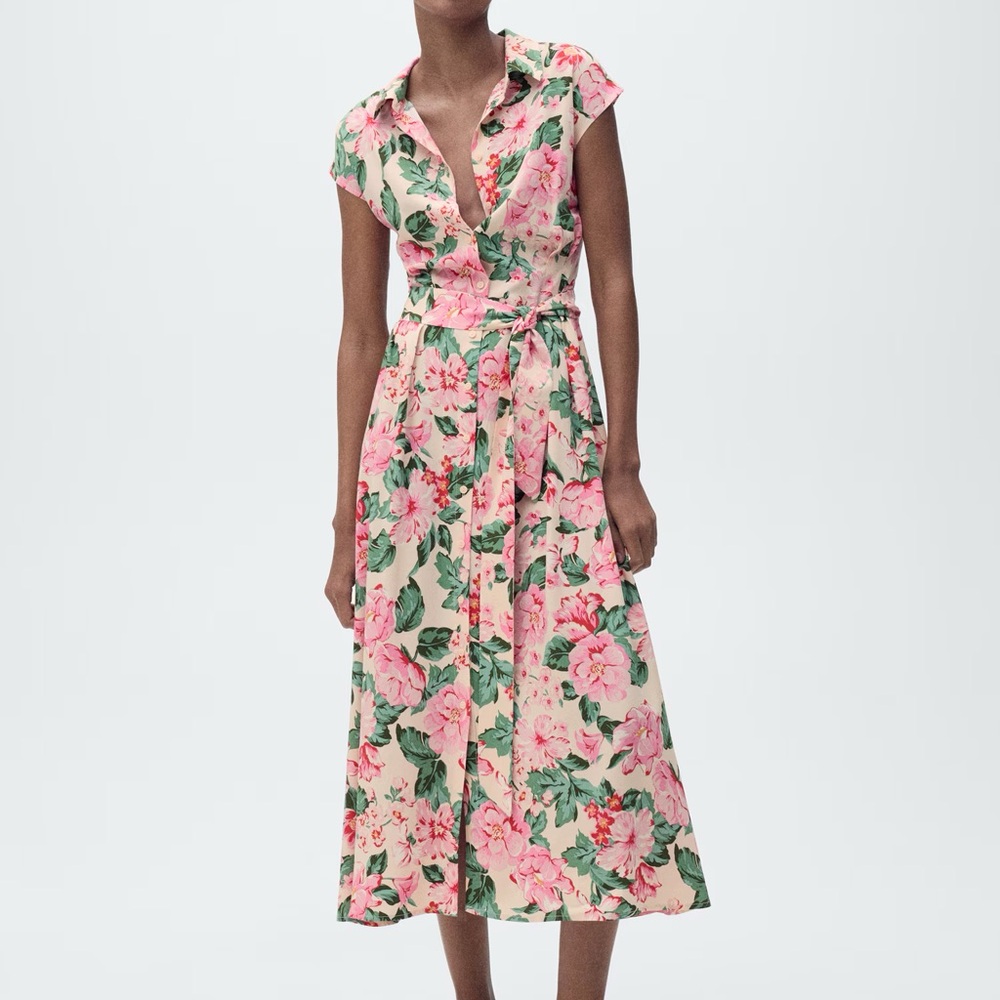 Mango Pink and Green Floral Midi Dress